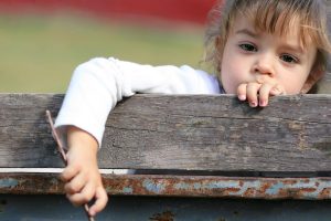 young girl looking over wooden fence